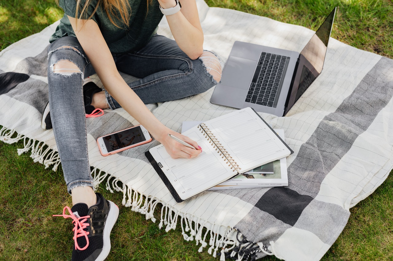 Working on a laptop from a picnic blanket